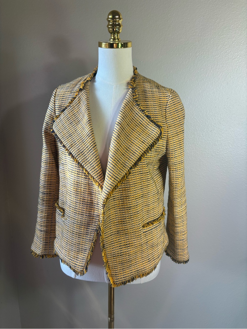 Ann Taylor Yellow Tweed Fringe Open-Front Blazer
